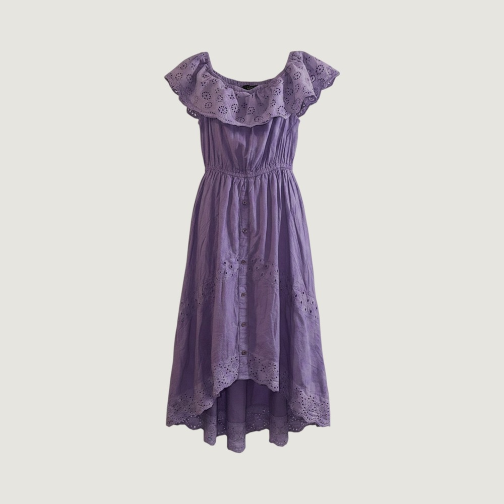 J Lee Purple Eyelet Cotton High Low Dress Cottagecore Boho Ruffle Off Shoulder S